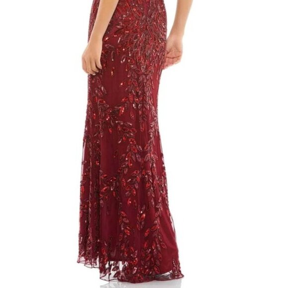 Mac Duggal Burgundy Red Beaded Sequin Leaf Mermaid Gown - Picture 3 of 4